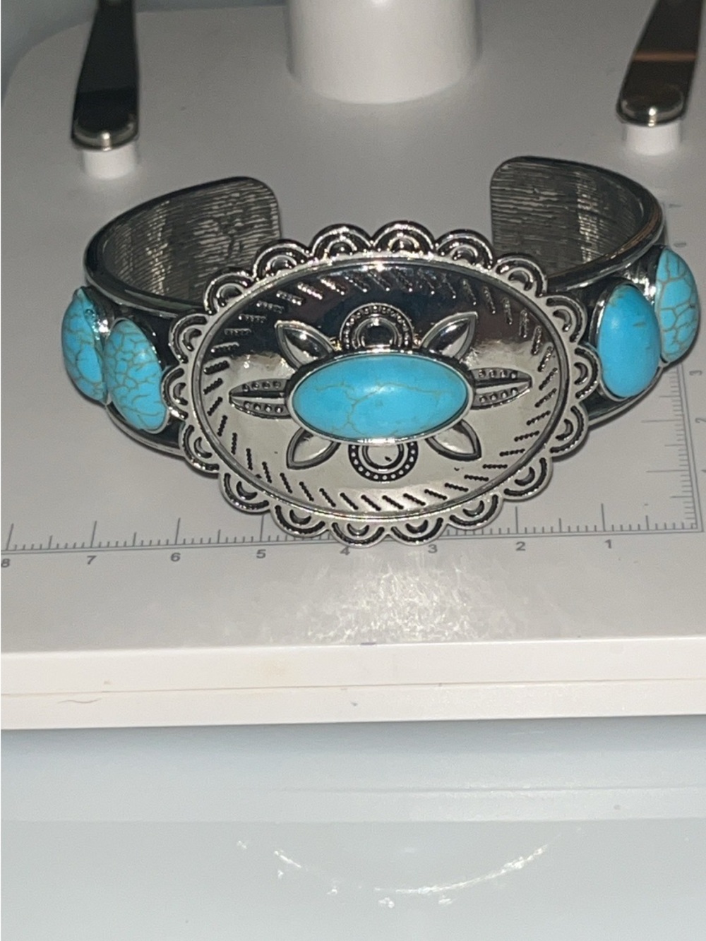 Southwestern Turquoise Look Silver Tone Statement Cuff Bracelet Costume Jewelry